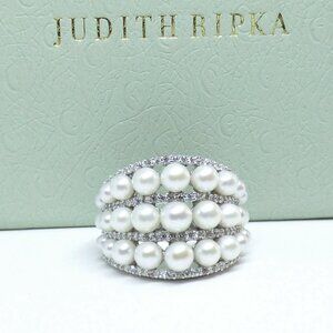 Judith Ripka Colette Ring Multi Row Pearl Sterling SIZE 8 (poss fit for size 7)